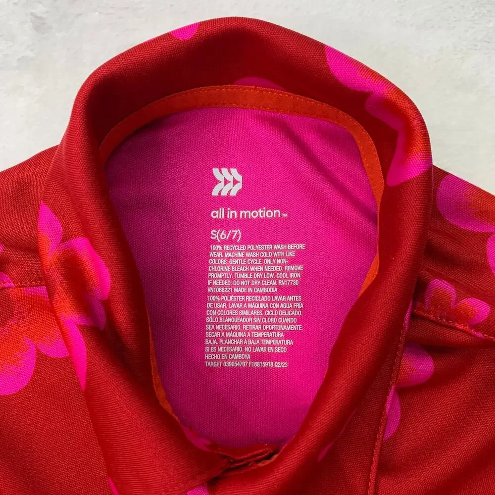 All In Motion Boys Sz 6/7 Small Polo Shirt Performance Red Pink Hibicus Floral